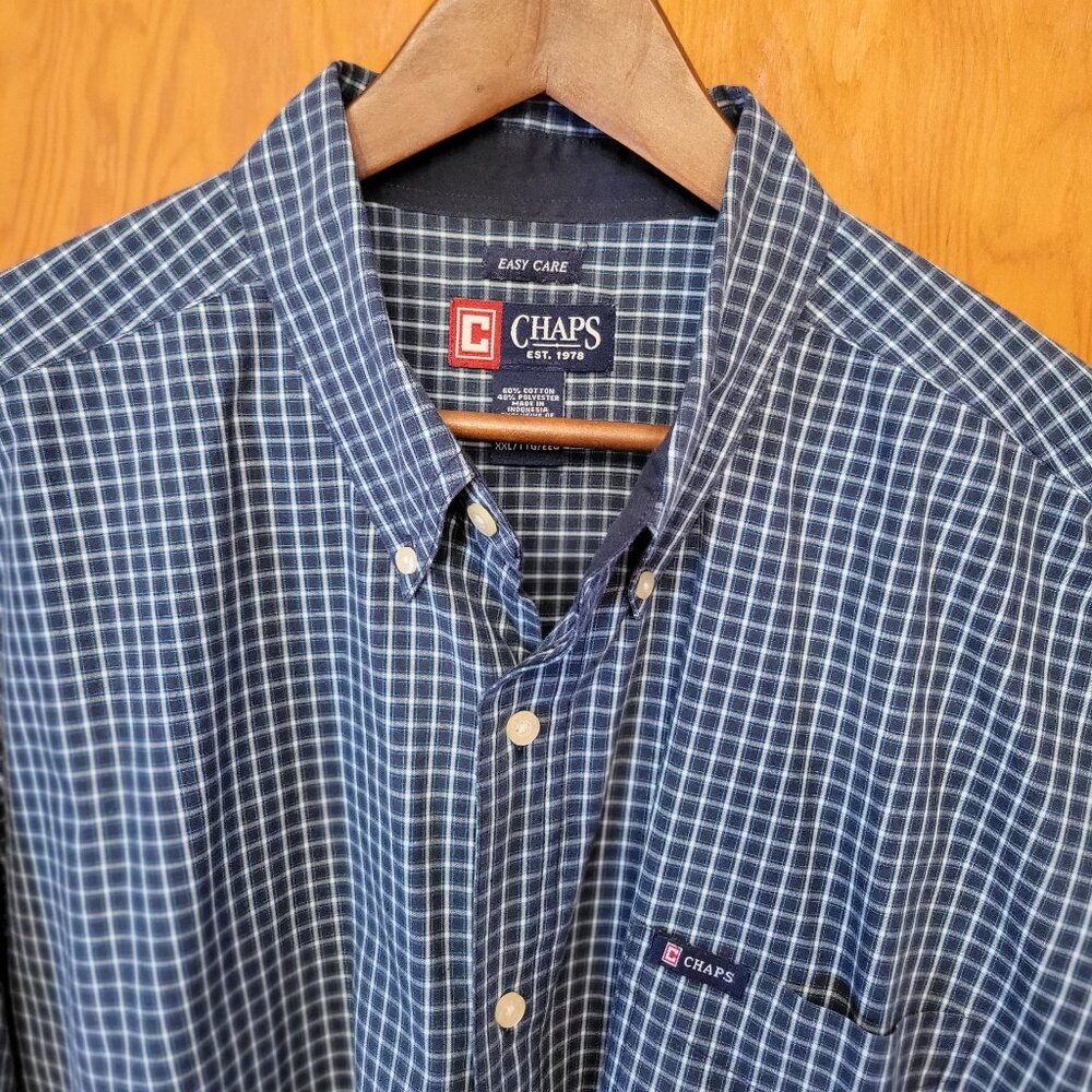 Chaps Boys' Button Down Shirt XXL —‎ Navy White Plaid — Fits Men's XS/S